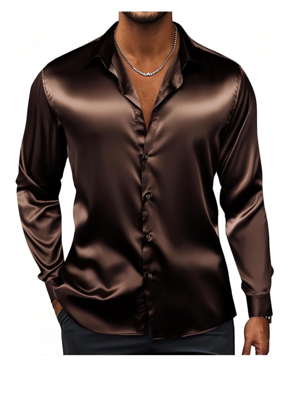Mens Silk Satin Shirt Long Sleeve Button Up 70s Disco Shirt Wedding Party